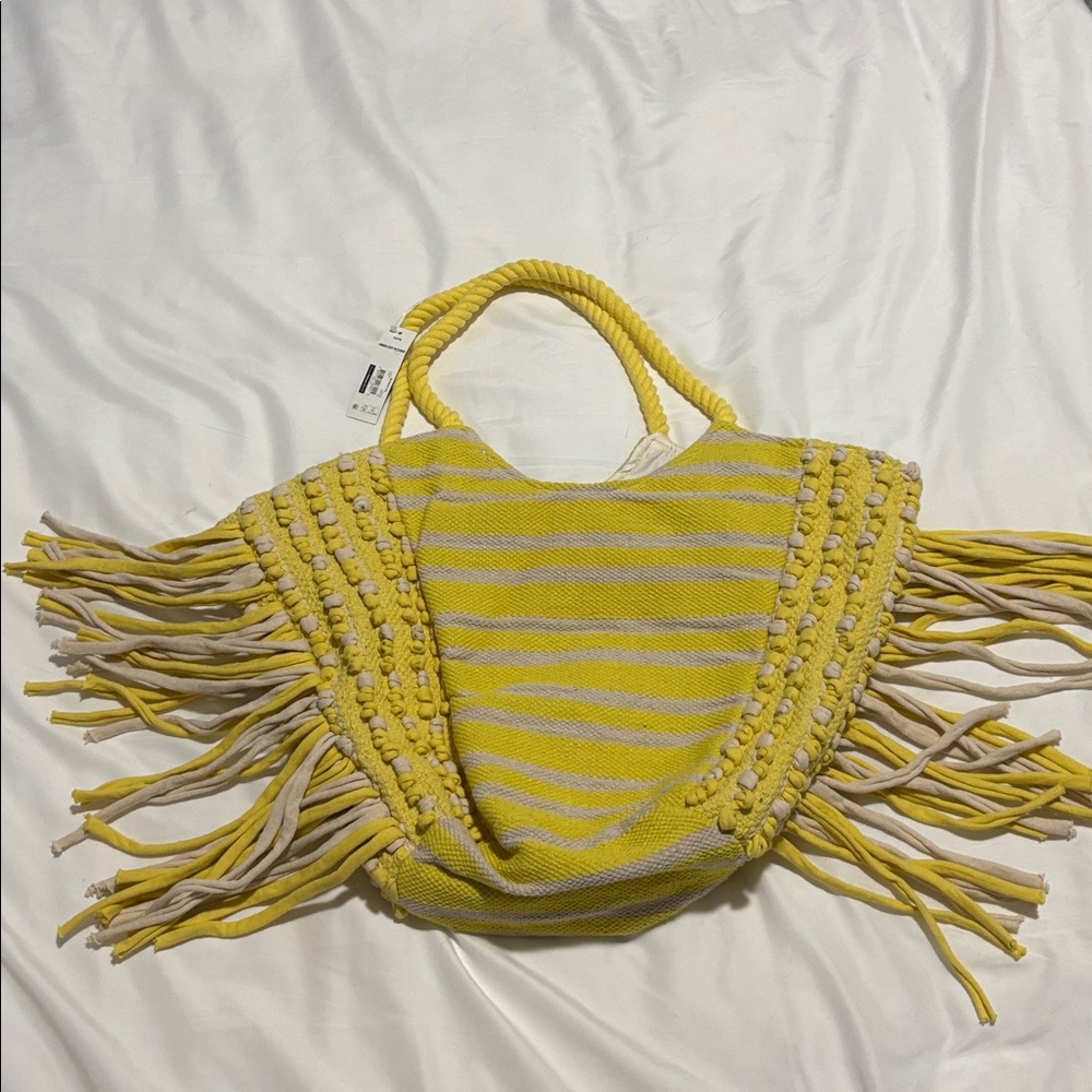 NWT Woven Yellow and White Striped Fringe Tote Beach Bag - Picture 7 of 10